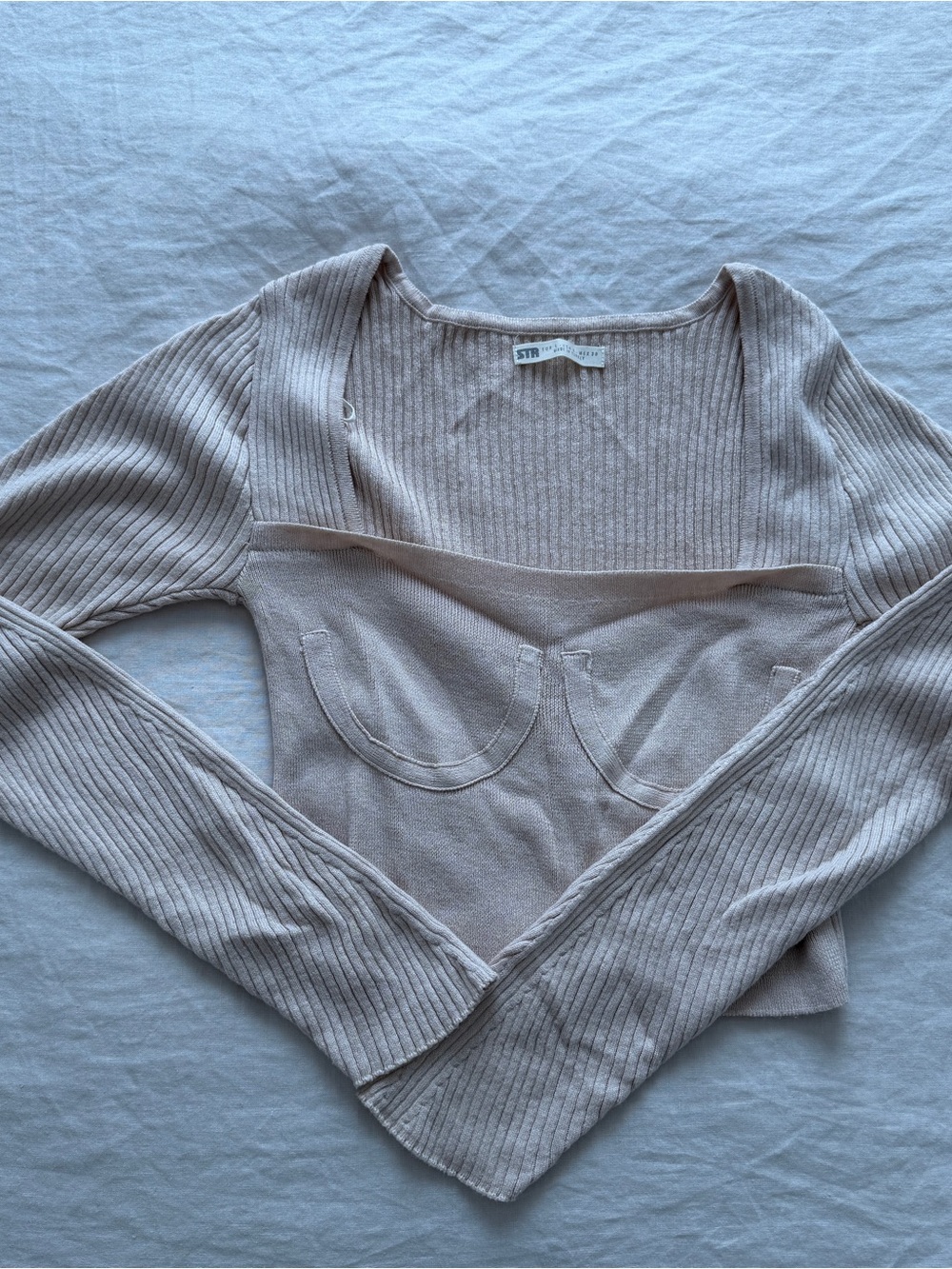 stradivarius beige cream Ribbed Long-Sleeve Crop Top